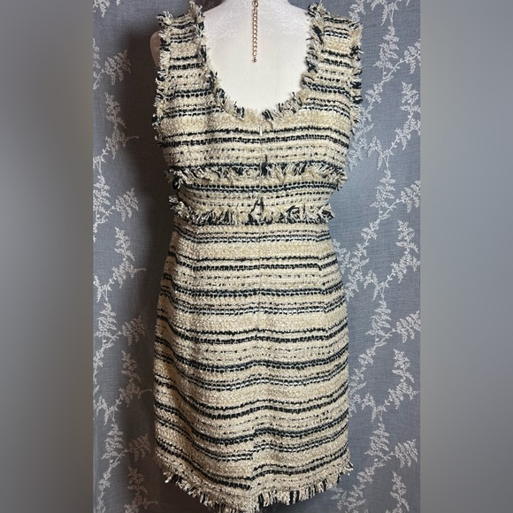 Boston Proper Black & Cream Tweed Midi Dress Chain Detail Size 14 - Picture 14 of 16